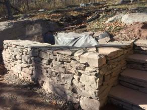 Stone retaining wall, patio and stair